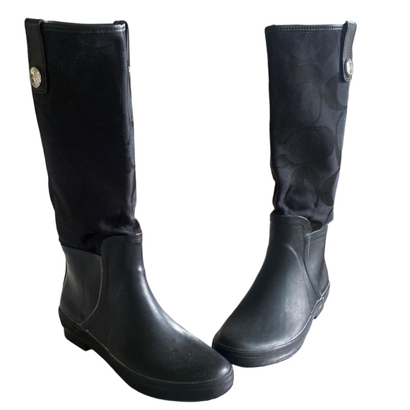 Coach Black Winter Rain Boots Knee-High sz 7 - Picture 1 of 12